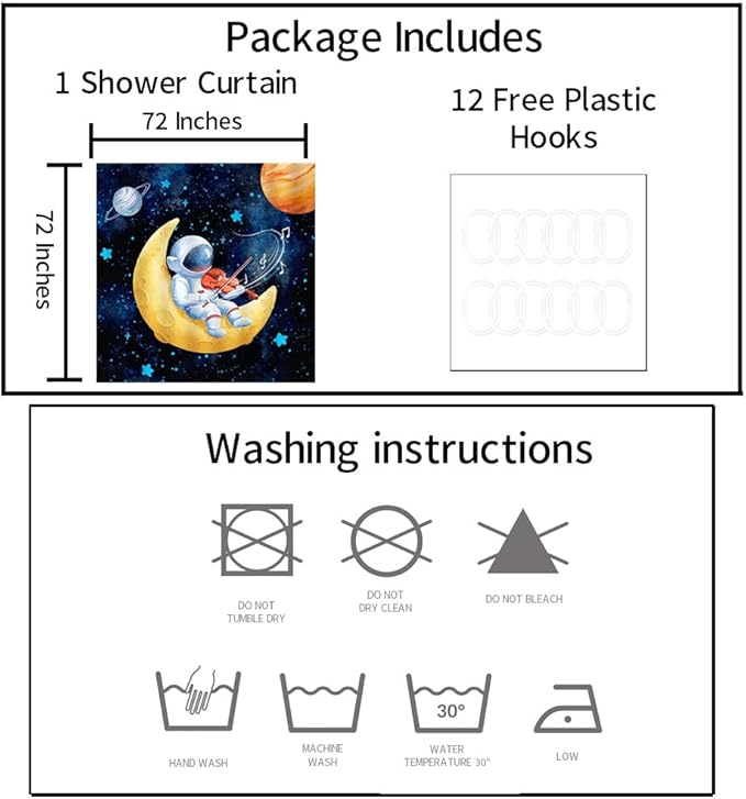 Outer Space Shower Curtain Astronaut Play Guitar Violin Flute Bath Curtain Funny Universe Musician Theme Bathroom Curtain for Kids Boys Bathroom Accessory with Hooks 72x72inch