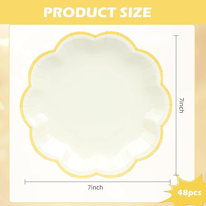 AimFun Beige Party Plates Cream Dessert Paper Plates 7inch Gold Foil Scalloped Edge Disposable Cake Plates for Tea Party Birthday Bridal Baby Shower Wedding Party Supplies (48, Beige)