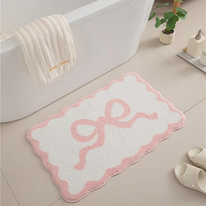 Pink Scalloped Bathroom Mat 32x20, Soft Absorbent Bath Mats, Machine Washable Microfiber Floor Mats for Bathroom Tubs, Sinks and Showers