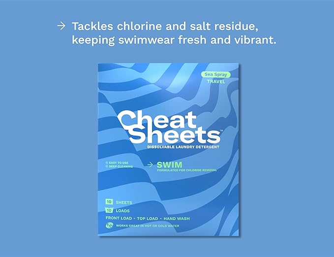 Cheat Sheets Laundry Detergent Sheets Swim Travel Packs Sea Spray - 10 Sheets (10 Loads) - Travel Friendly - Liquidless and Powderless - Eco-Friendly - Formulated For Swimwear and Bathing Suits