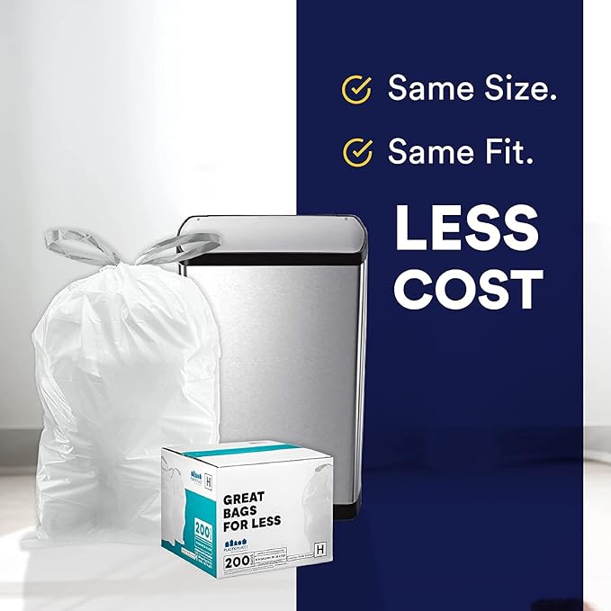 Plasticplace Custom Fit Trash Bags Compatible w Simplehuman Code H Drawstring Bags 8-9 Gallon Tear-Resistant Liner 200 Count Heavy-Duty Waste Disposal