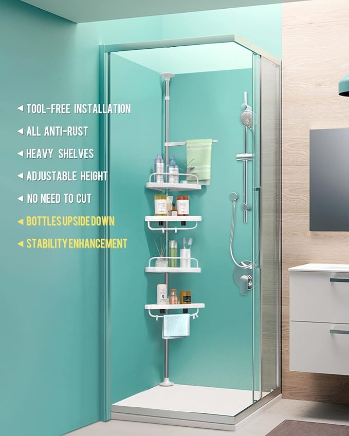 4 Layer Corner Shower Caddy, Stainless Steel Constant Tension Pole Shower Organizer, Adjustable Corner Shower Shelf, Rustproof 3.3 to 9.8 ft