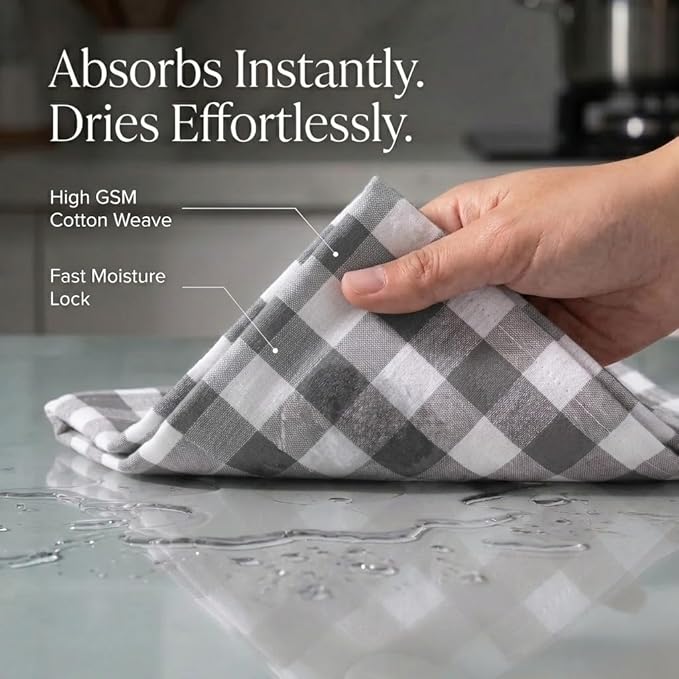 Urban Villa Kitchen Towels Set of 6 Buffalo Checks Grey/White Kitchen Towels 20X30 Inches 100% Cotton Highly Absorbent Kitchen Towels Premium Quality Ultra Soft Mitered Corners KitchenTowels