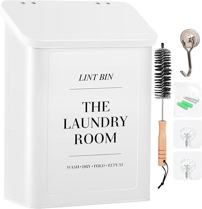 Magnetic Lint Bin for Laundry Room with Lint Brush and Magnetic Hook, Wall Mounted Lint Box with Lid, Farmhouse Laundry Room Decor