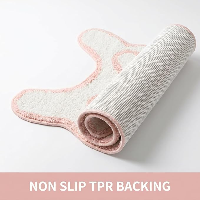 Pink Scalloped U-Shaped Toilet Mat 20x24, Cute Luxury Plush Bath Rug, Soft Absorbent Non-Slip Microfiber Floor Mat for Bathroom Decor and Toilet Base, Machine Washable