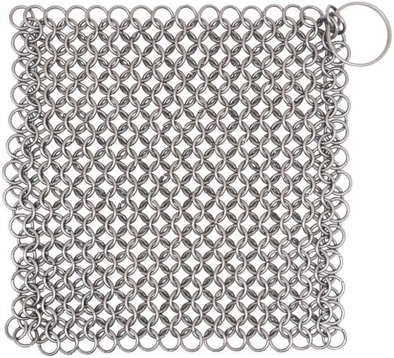 Mythrojan Cast Iron Scrubber 316 Stainless Steel Skillet Cleaner Chainmail Scrubber Chain Mail Scrub with Hanging Ring for Cast Iron Pre-Seasoned Pans (15 X 15cm)