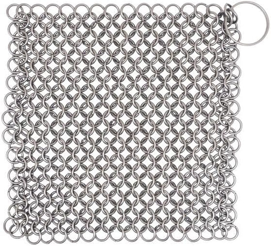 Mythrojan Cast Iron Scrubber 316 Stainless Steel Skillet Cleaner Chainmail Scrubber Chain Mail Scrub with Hanging Ring for Cast Iron Pre-Seasoned Pans (15 X 15cm)