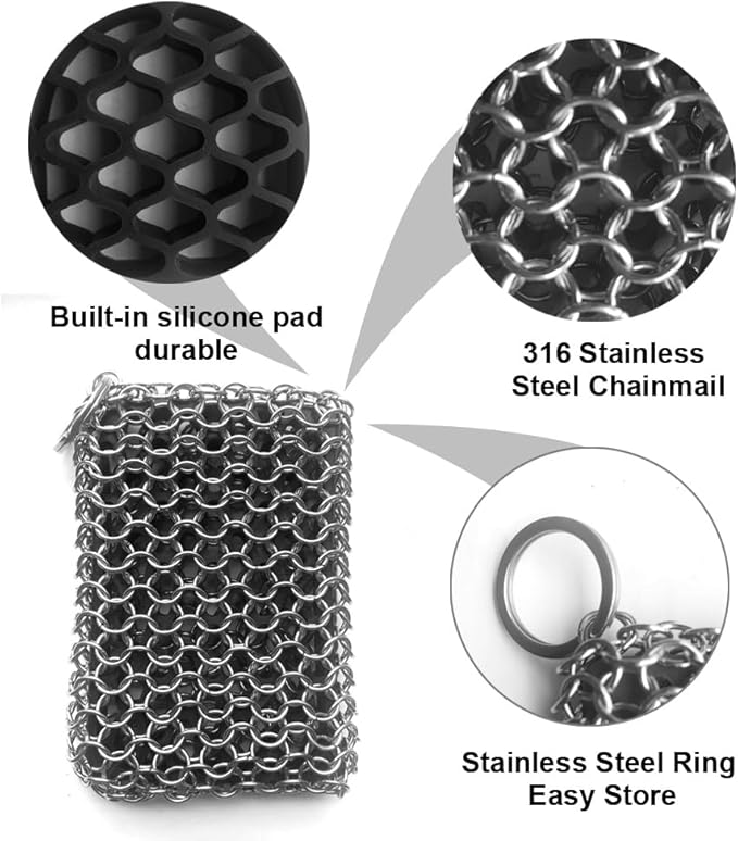 Cast Iron Skillet Cleaner, 316 Chainmail Scrubber Built-in Silicone Cast Iron Cleaner for Cast Irons Grill Pan Skillet Wok Bakeware Easy to Use Dishwasher Safe, Scrubber + Scraper + Towel (Black)