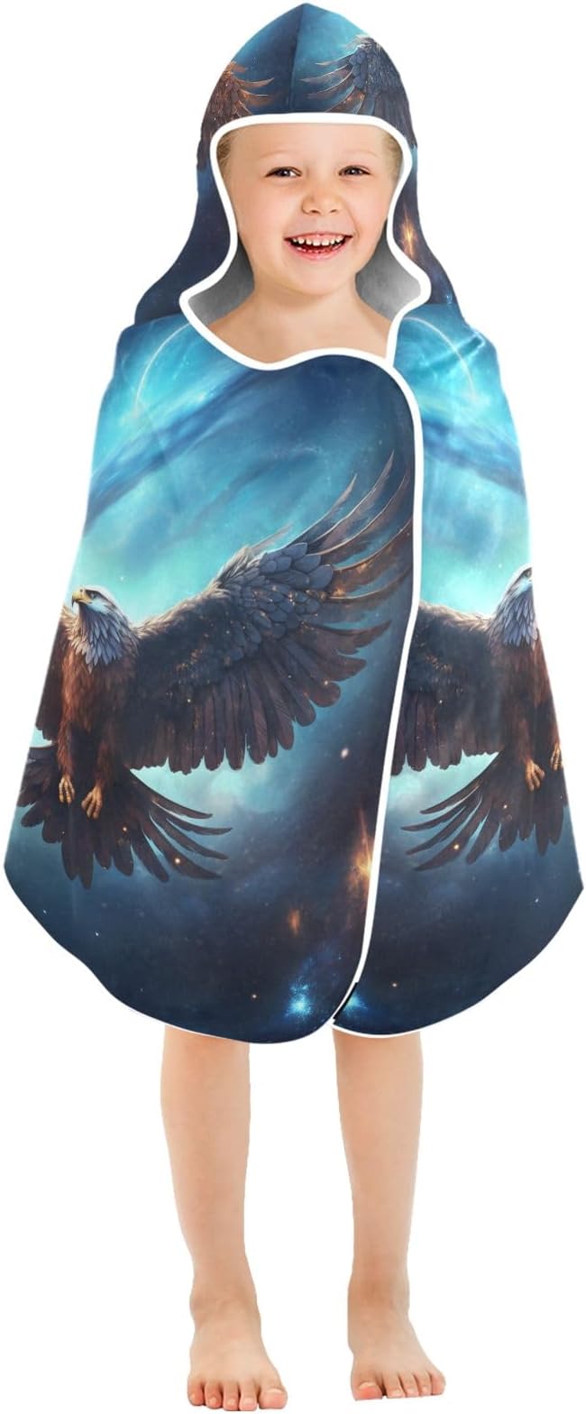Hooded Towel for Kids Flying Eagle in Space Pattern Beach Wrap Bath Towels 50x23.5in