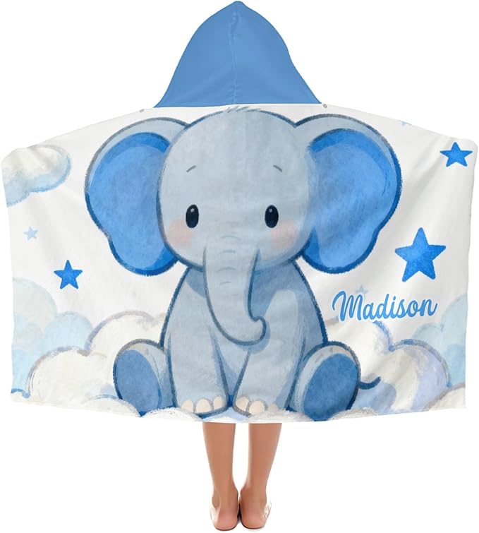 Blue Stars Elephant Personalized Hooded Towel Absorbent Wrap Soft Pool Beach Bath Towels Hood Poncho for 5-12 Years Kids Boys Girls