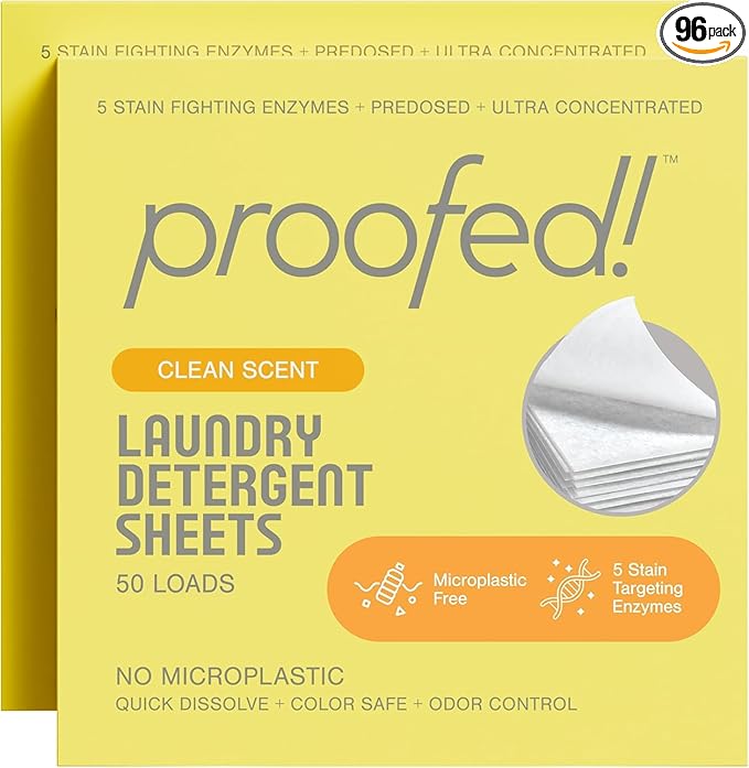 Proofed! Laundry Detergent Sheets, The Only 100% Plastic-Free Sheet, No PVA or PVOH, Hypoallergenic, Bio-Based Ingredients, Made in USA, Clean Scent, 2 Boxes, 96 Count