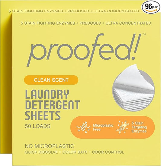 Proofed! Laundry Detergent Sheets, The Only 100% Plastic-Free Sheet, No PVA or PVOH, Hypoallergenic, Bio-Based Ingredients, Made in USA, Clean Scent, 2 Boxes, 96 Count