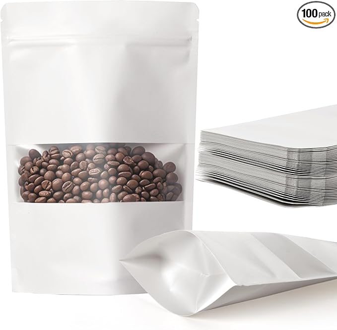 100 Pcs White Kraft Paper Bags with Window, 6.3" x 8.6" Stand Up Pouches Bags, Food Storage Bags for Packaging Products, Reusable, Sealable