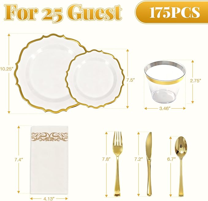 175 Plastic Dinnerware Set Gold Disposable Dinnerware Set for 25 Guests Include 50 Plastic Plates 25 Silverware Set 25 Cups and 25 Napkins for Party Wedding Birthday