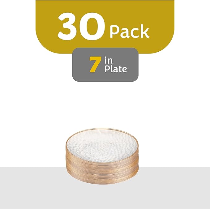 PLASTICPRO 30 Pack Hammered Plastic Plates Heavyweight Disposable Plastic Plates Elegant Clear Hammered Rim Platsic Party Dishes (Hamered Clear With Gold Rim, 7'' INCH PLATES)