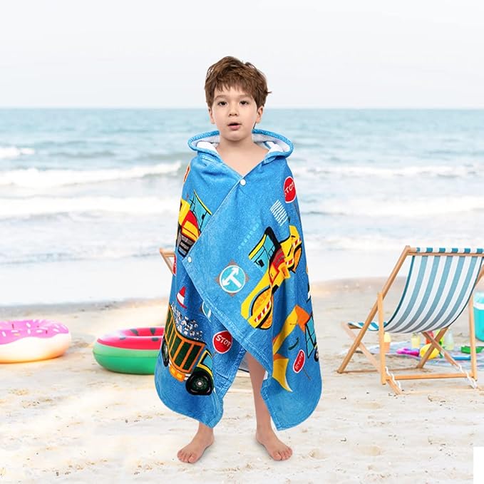 Florica Kids Hooded Bath Beach Towel Girls Boys, Super Absorbent & Soft Towel Poncho for Shower/Beach/Pool Child Cover ups 50"x30" Large Towel Wrap (Blue Vehicle)