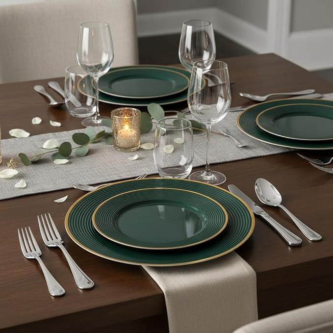 Liacere 100PCS Green Plastic Plates - Heavy Duty Disposable Plates - Green and Gold Plate 100PCS Dinner/Dessert Plate for Party & Christmas & New Year’s St. & Patrick's Day
