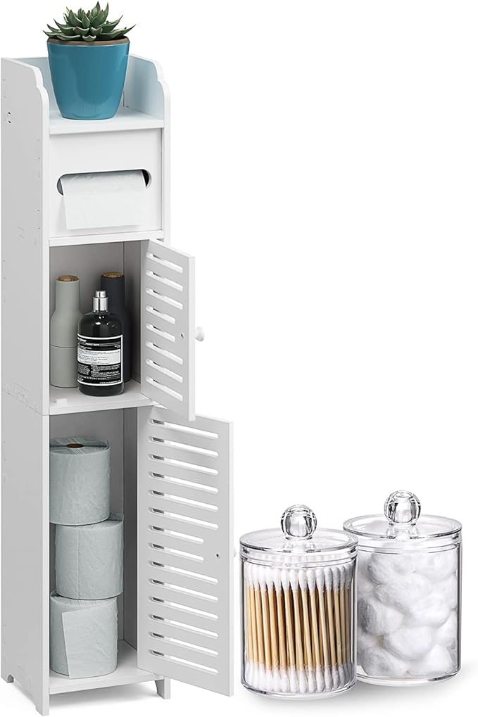 Bathroom Storage Organizer - Floor Standing with Shelves - Includes 2 Apothecary Jars - Tall Bathroom Storage Cabinet for Toilet Paper, Towel & Other Bathroom Storage Accessories - White