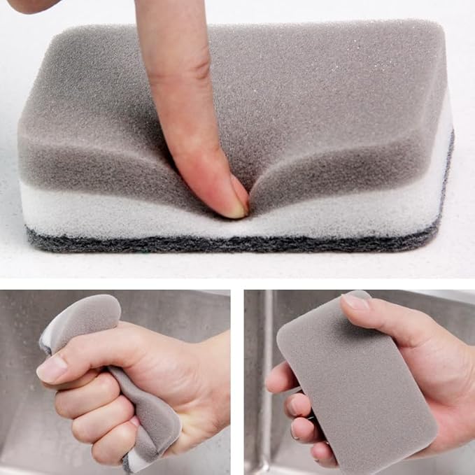 5-Piece Thick Three-Layer Rounded Corner Cleaning Sponge Block Kitchen Supplies scouring pad, Double-Sided Brown+White+Yellow dishwashing Sponge Wipe 11 * 7 * 3.5cm