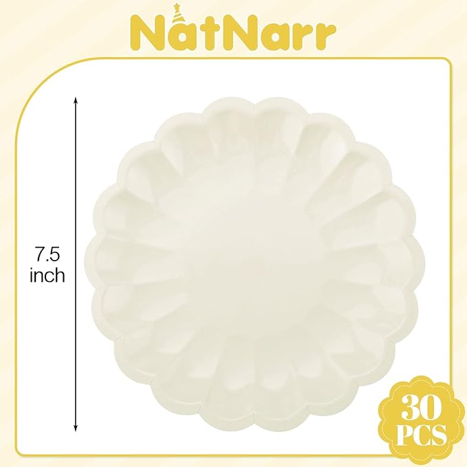 NatNarr 30 Pcs Ivory Scalloped Paper Plates 7.5 In Shell Edge Dinner Paper Plates Disposable Cream Scalloped Plate for Wedding Baby Shower Birthday Party