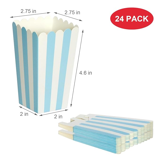 XIEHE 24 Pack Striped Popcorn Boxes - Carnival Parties Mini Paper Popcorn and Candy Containers, Party Supplies for Movie Nights (Blue)