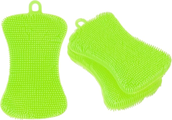 uxcell Silicone Dish Scrubber, 3 Pack Reusable Dishes Sponges Silicone Sponges Double Design for Kitchen Bathroom Cleaning Gadgets Accessories Countertop Cookware Pots Pans, Green