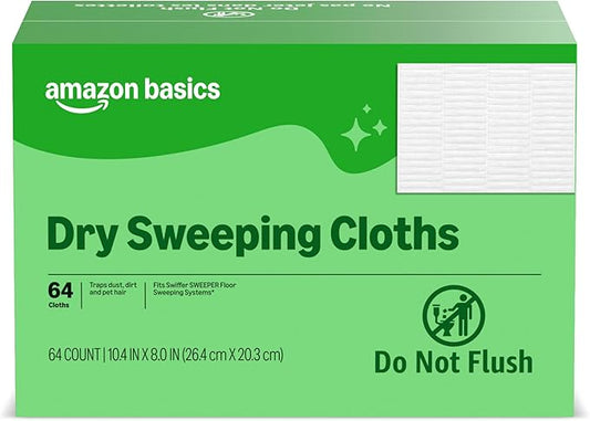 Amazon Basics Dry Sweeping Cloths for Floor Cleaning, Pet Hair, Dust, Dirt, Multi-Surface, Disposable, Fits Swiffer Sweeper Mop Heads, 64 Count, Packaging May Vary