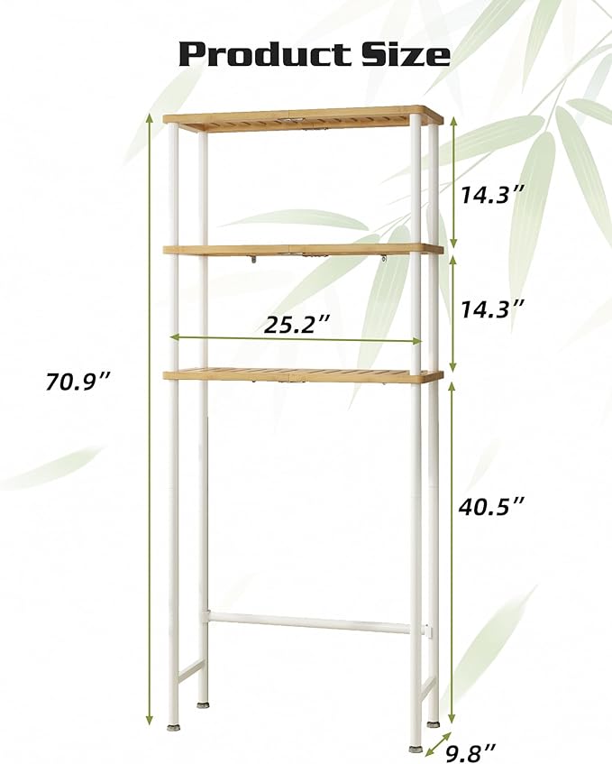 LiSHELF Bamboo Over The Toilet Storage Shelf 3-Tier Bathroom Organizer Rack Freestanding Above Toilet Shelves Space Saver for Small Bathroom, Laundry, White