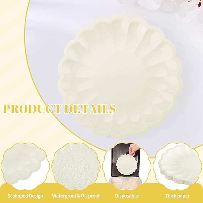 NatNarr 30 Pcs Ivory Scalloped Paper Plates 7.5 In Shell Edge Dinner Paper Plates Disposable Cream Scalloped Plate for Wedding Baby Shower Birthday Party