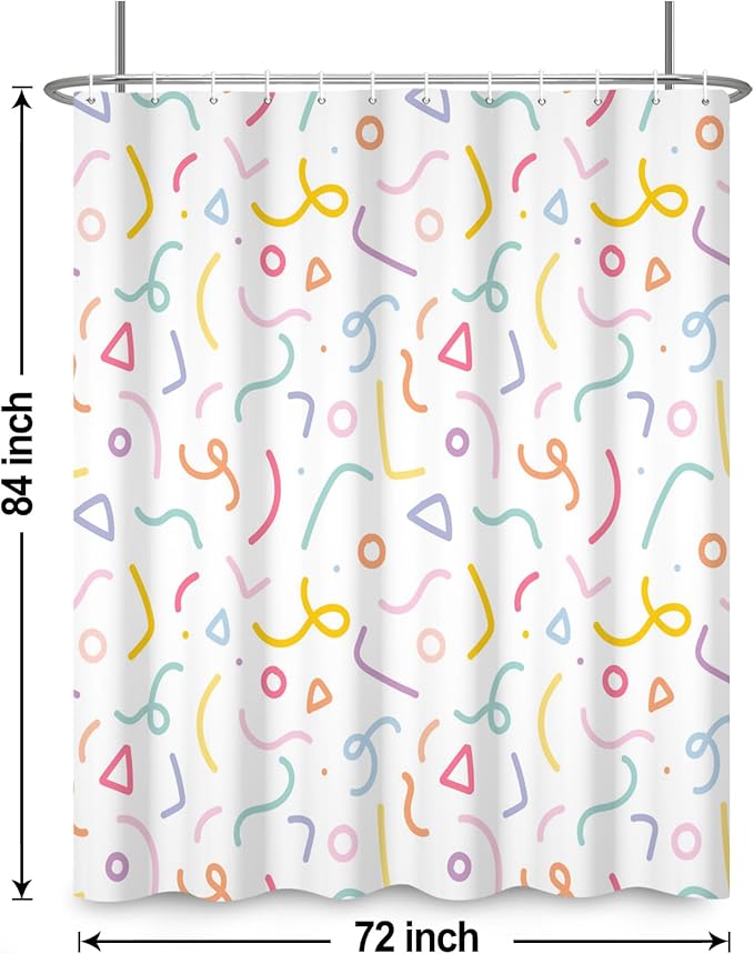 Cute Colorful Doodle Shower Curtains Playful Confetti Shower Curtain Decorative for Bathroom Pastel Waterproof Fabric Bathroom Decorations with Hooks 72x84 Inches