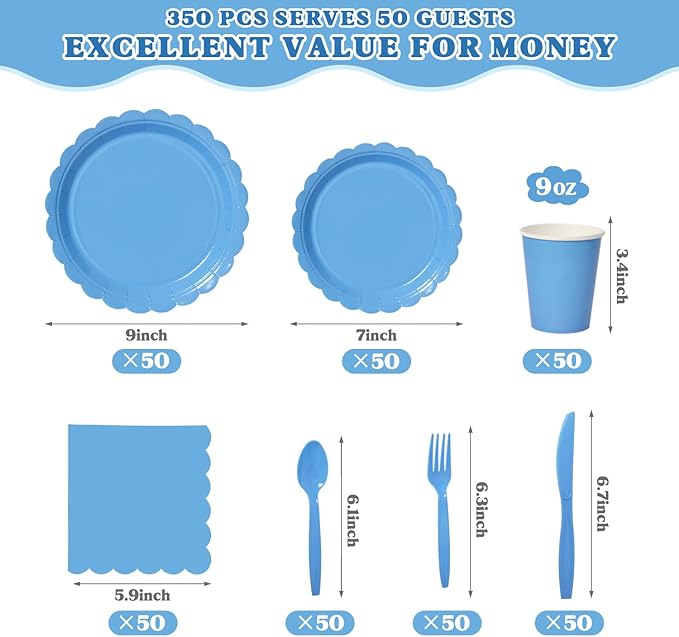Vyntra 350 Pcs Blue Disposable Paper Plates and Napkins Set for 50, 9" Dinner Plates & 7" Dessert Plates, Tableware for Baby Shower, Birthday, Picnic, Party
