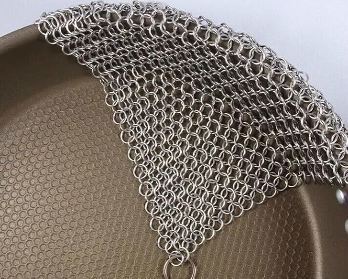 316 Stainless Steel Cast Iron Scrubber - 8 x 8 Inches Cleaner Chainmail Dish Scouring Pad for Dishwasher Cleaning - Chainmail Scrubber for cast Iron Pans - Dutch Ovens Grills