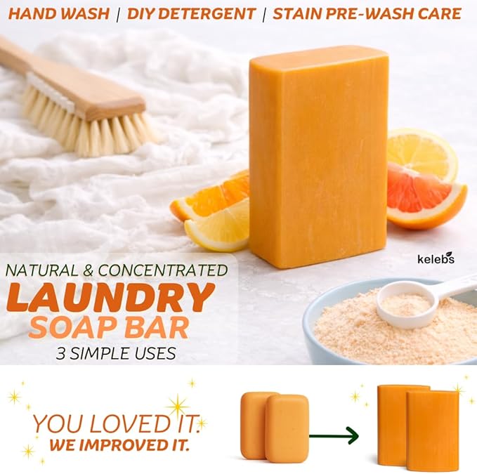 KELEBS Laundry Soap Bar - Natural Citrus Formula with Organic Ingredients - Stain Remover for Delicate Clothes, Underwear, Collar - 2 Bars | Aluminum Packaging