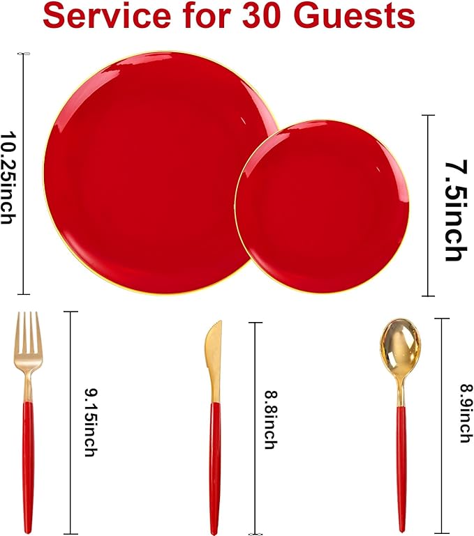 DaYammi 150Pcs Red Plastic Plates with Gold Rim,Fancy Disposable Dinnerware Set with Red Handle Gold Cutlery, Includes 30 Dinner Plate,30 Dessert Plate,30 Knives,30 Forks,30 Spoons for Party Wedding