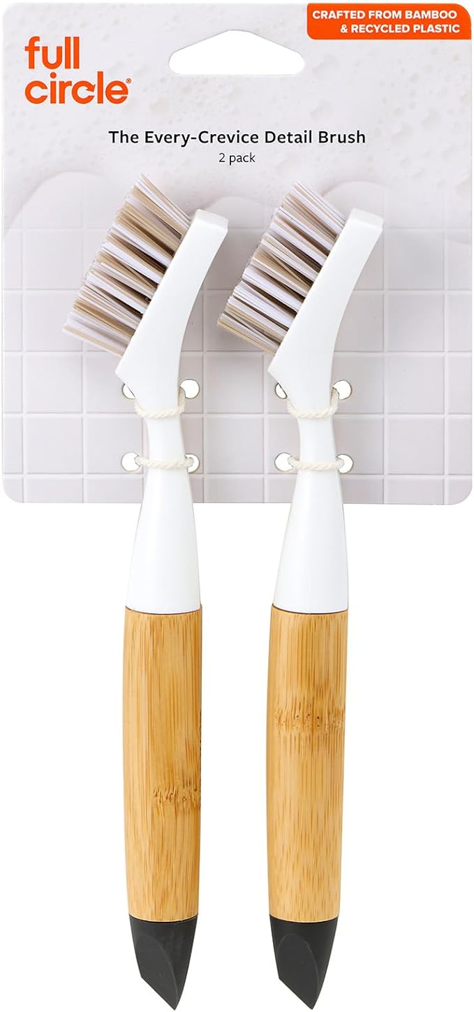 Full Circle Micro Manager, Deep Cleaning Brush for Crevices, Shower, & Grout, Tough Bristles, Sustainable Bamboo Handle, 2-Pack