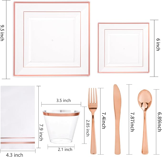 Festiva 350Pcs Rose Gold Plastic Plates - Clear Rose Gold Disposable Dinnerware Sets for 50Guests include 100 Plates 50 Cups 50Plastic Cutlery 50Napkins for Party&Wedding& Mother's Day
