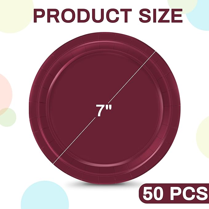 QZYL 50 Pieces Paper Plates, 7" Burgundy Bulk Dessert Plates, Disposable Plates Party Supplies, Round Small Paper Plates, Burgundy Party Decorations for Bridal Dinner Holiday Travel Valentines