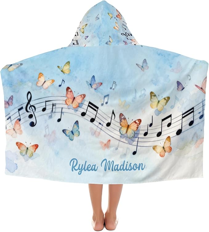 Music Notes Butterfly Blue Personalized Hooded Towel Absorbent Wrap Soft Pool Beach Bath Towels Hood Poncho for 5-12 Years Kids Boys Girls