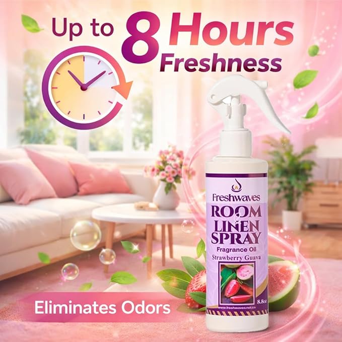 Freshwaves Room & Linen Spray | Strawberry Guava Fragrance Oil | 8oz Air Freshener | Odor Eliminator for Living Room, Bedroom, Bathroom & Office