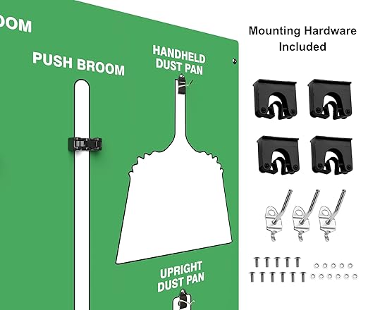 Clean & Sweep 5S Shadow Board/Wall Mount Broom Holder, 68" x 30" Board, 5S Cleaning Station - with Broom and Dustpan Set Included, Made in The USA by AccuformNMC, Green/White, PSB116GNWT