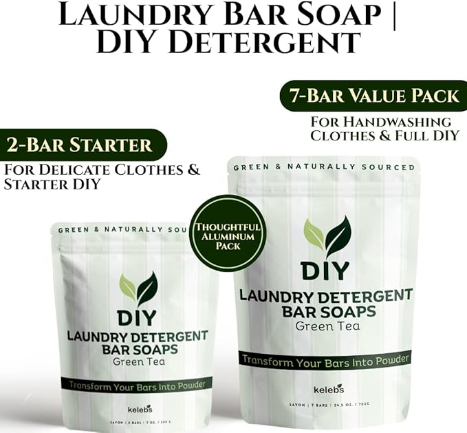 Natural Laundry Detergent Concentrated Bar – Hypoallergenic Laundry Bar Soap with Green Tea for Delicate Wash & Sensitive Skin | DIY Laundry Detergent: Grind & Mix with Borax and Washing Soda - 2 Bars