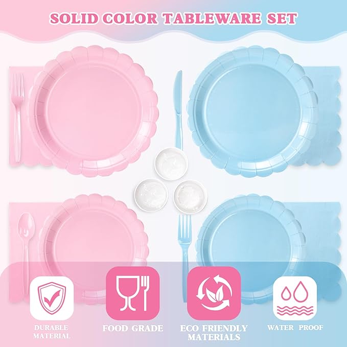 Vyntra 350 Pcs Pink and Blue for Gender Reveal Disposable Party Paper Plates and Napkins Set for 50, 9" Dinner Plates & 7" Dessert Plates, Tableware for Baby Shower, Birthday