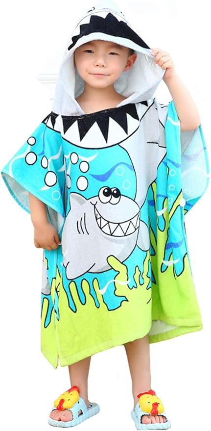 TONWHAR Soft Cotton Hooded Beach Towel Poncho for Kids Bath Pool Beach Swim Boys Girls Cartoon Cover-up Cape (Shark)