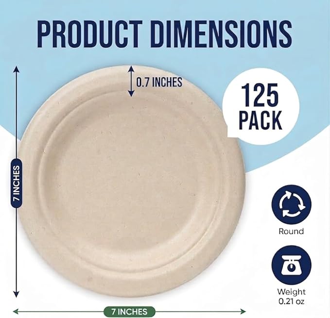125 Pack 7 inch Paper Plates, Heavy-Duty Disposable Paper Plates 100% Compostable - Biodegradable Bagasse Dessert Plates Bulk for Party, Wedding, Snacks Natural (7 Inch 125 Pack Brown)