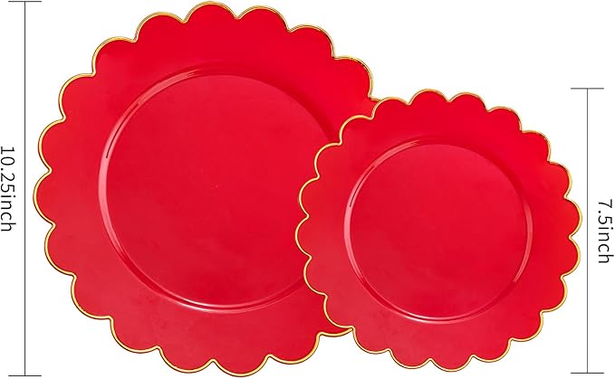LIYH 60 Pcs Red Plastic Plates Disposable with Gold Edge Scalloped Red Gold Disposable Plates Includes 30 Dessert & 30 Dinner Plate Dishes Tableware for Party Memorial Day,Independence Day