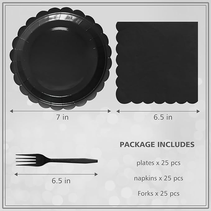 Black Paper Plates and Napkins,7 Inch Black Scalloped Disposable Dessert Plates Paper Napkin Fork Party Supplies for Wedding Baby Shower Birthday(25 Guest)