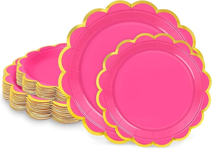 50 Pcs Rose Paper Plates, 25 Pcs 9" and 25 Pcs 7" Disposable Rose Scalloped Plates with Gold Foil for Graduation Wedding Baby Shower Birthday Party Picnic BBQ
