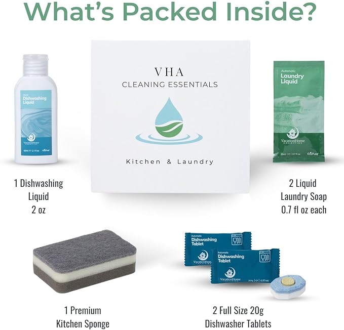 Air bnb Essentials for Hosts, Kitchen & Laundry Amenities - Dish Soap, Dishwasher Tablets, Kitchen Sponge & Travel Laundry Detergent, Pre-Packed in Premium Boxed Amenity Kits, 20 Kits - 120 pcs