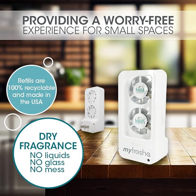 Fresh Products myfreshe Plug in Air Freshener No Heat No Glass Dry Fragrance Refills For Small Spaces Made in the USA Starter Kit w 2 Dispensers and 3 Fragrances