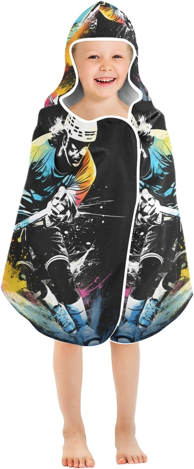 Hooded Towel for Kids Abstract Running Ice Hockey Player Beach Wrap Bath Towels 50x23.5in